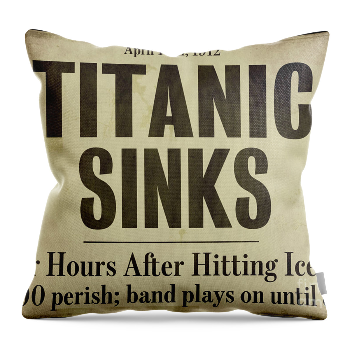 Titanic Sinks Throw Pillow featuring the painting Titanic Newspaper Headline by Mindy Sommers