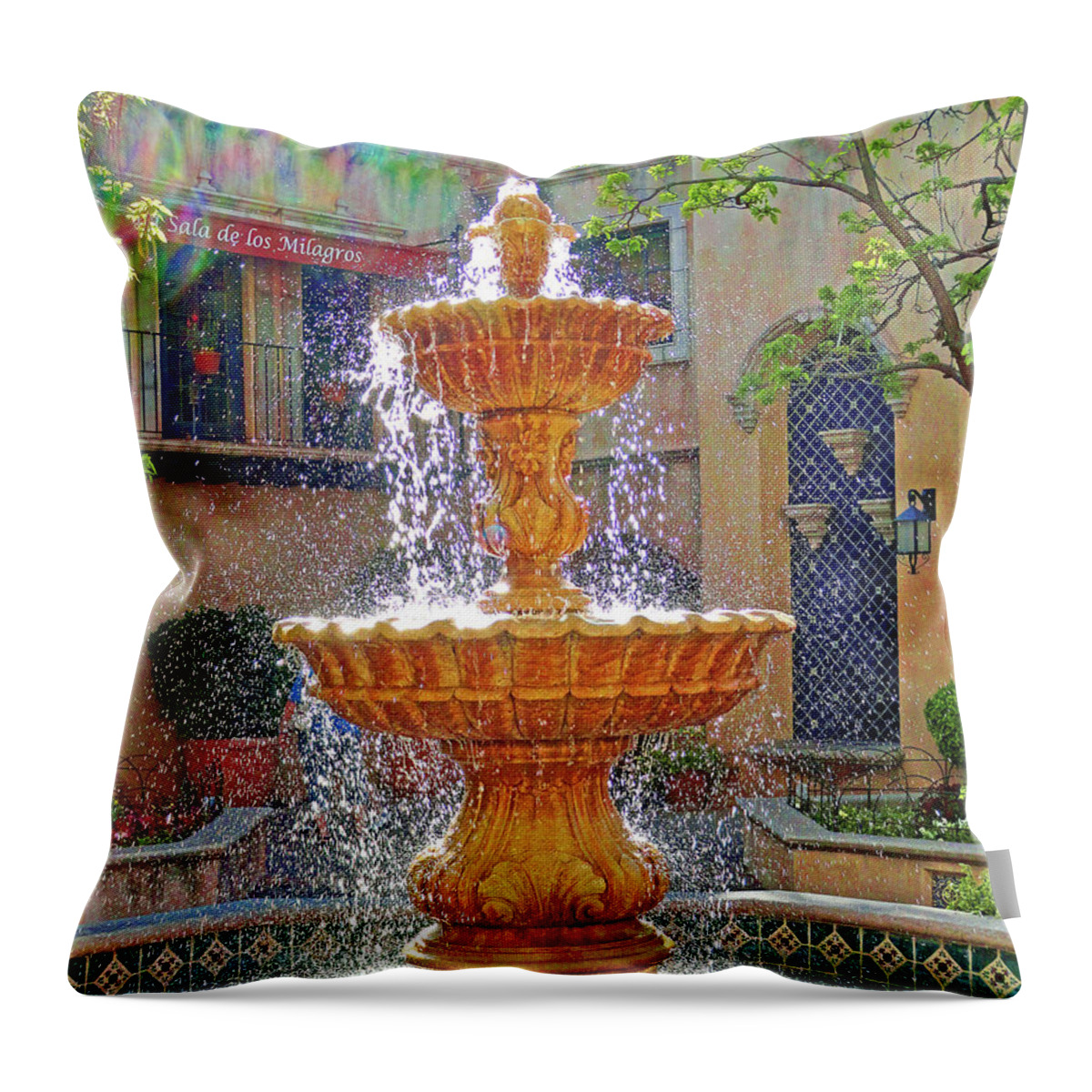 Tlaquepaque Throw Pillow featuring the photograph Tlaquepaque Fountain in Sunlight by Robert Meyers-Lussier