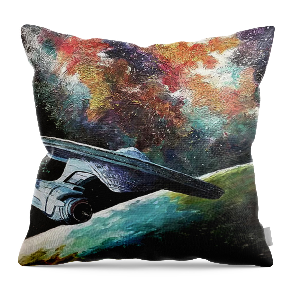 Star Trek Throw Pillow featuring the painting To go beyond by David Maynard