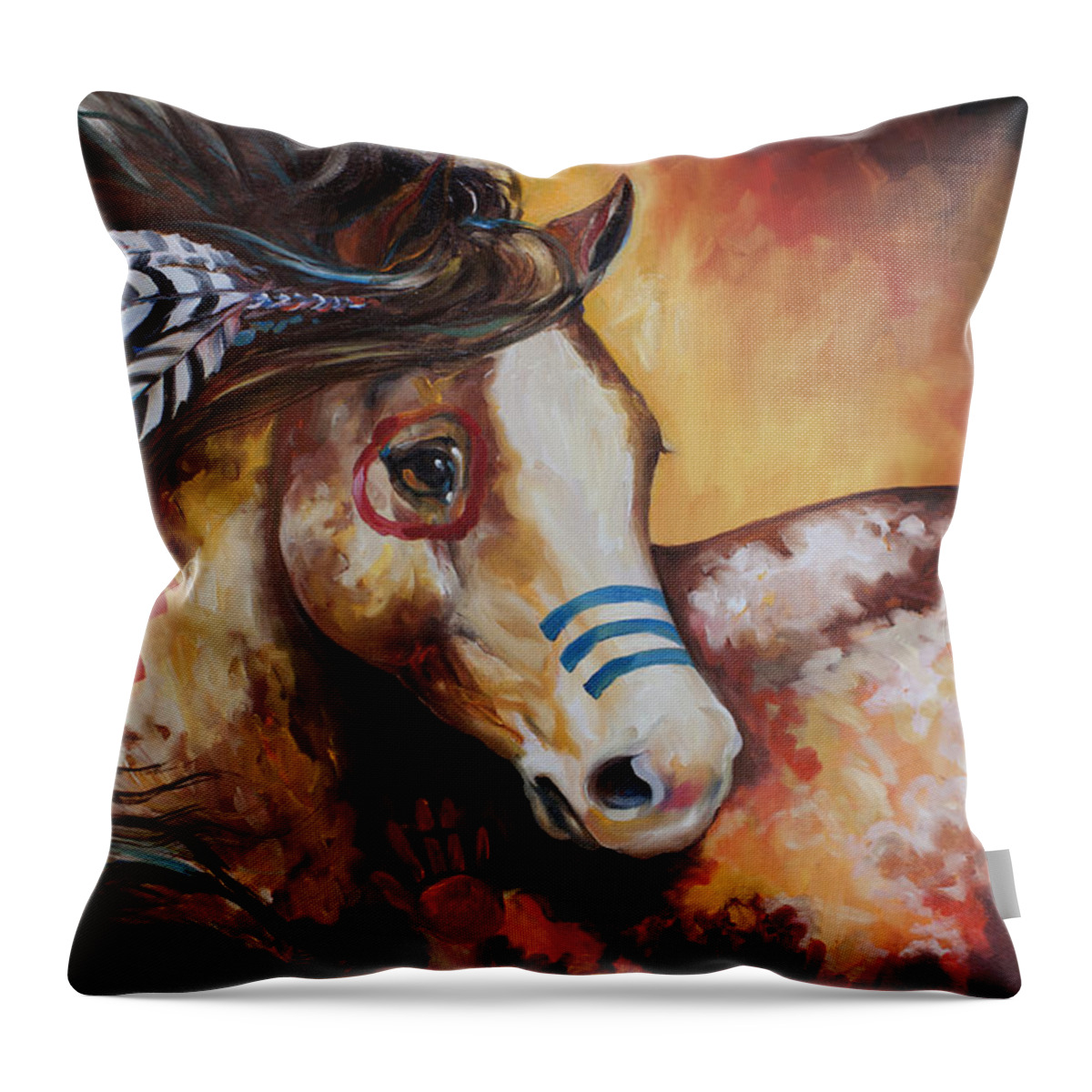 Horse Throw Pillow featuring the painting Tobiano Indian War Horse by Marcia Baldwin