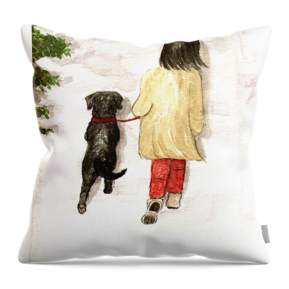 Lab Throw Pillow featuring the painting Together - Black Labrador and Woman Walking by Amy Reges