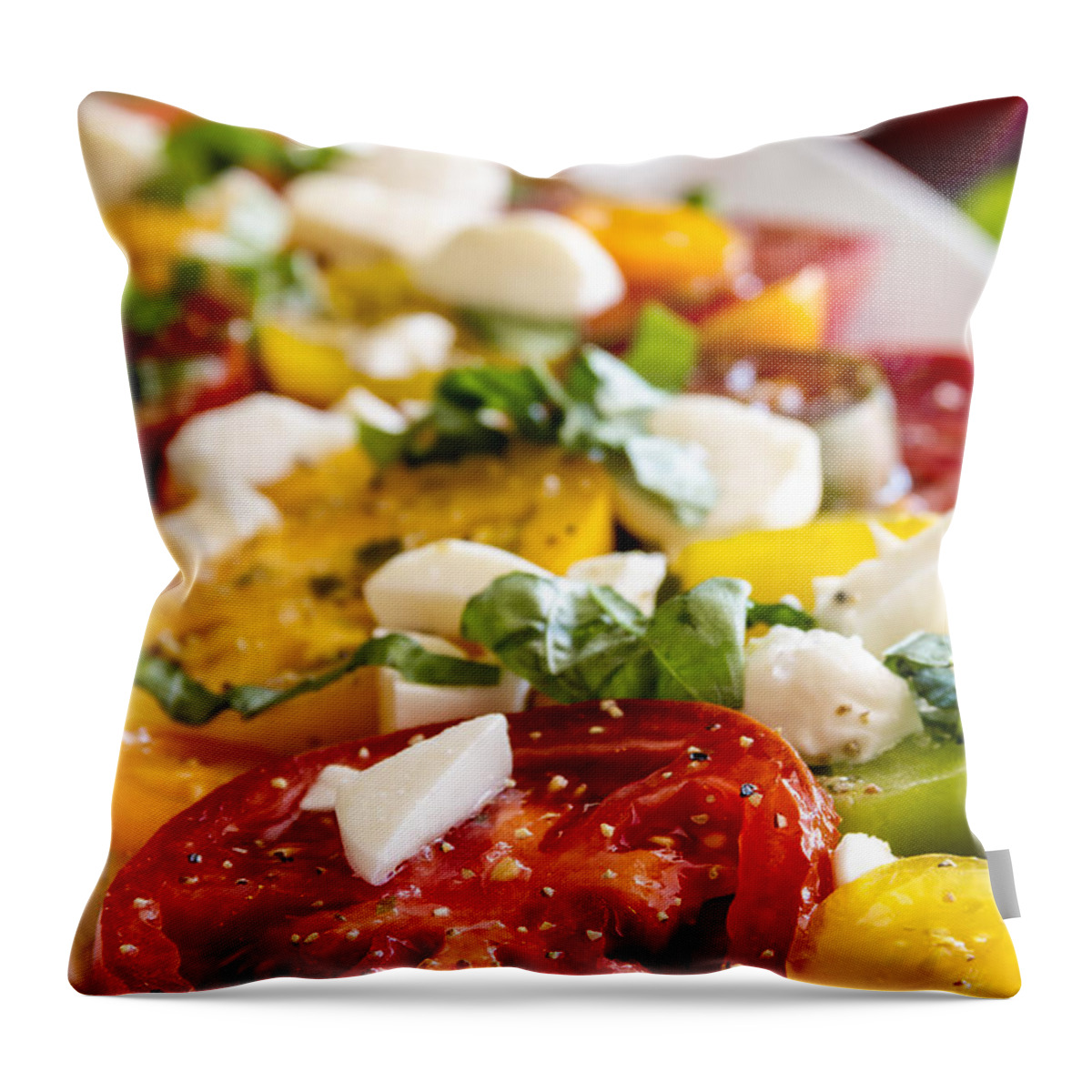 Autumn Throw Pillow featuring the photograph Tomatoes, Basil and Cheese by Teri Virbickis