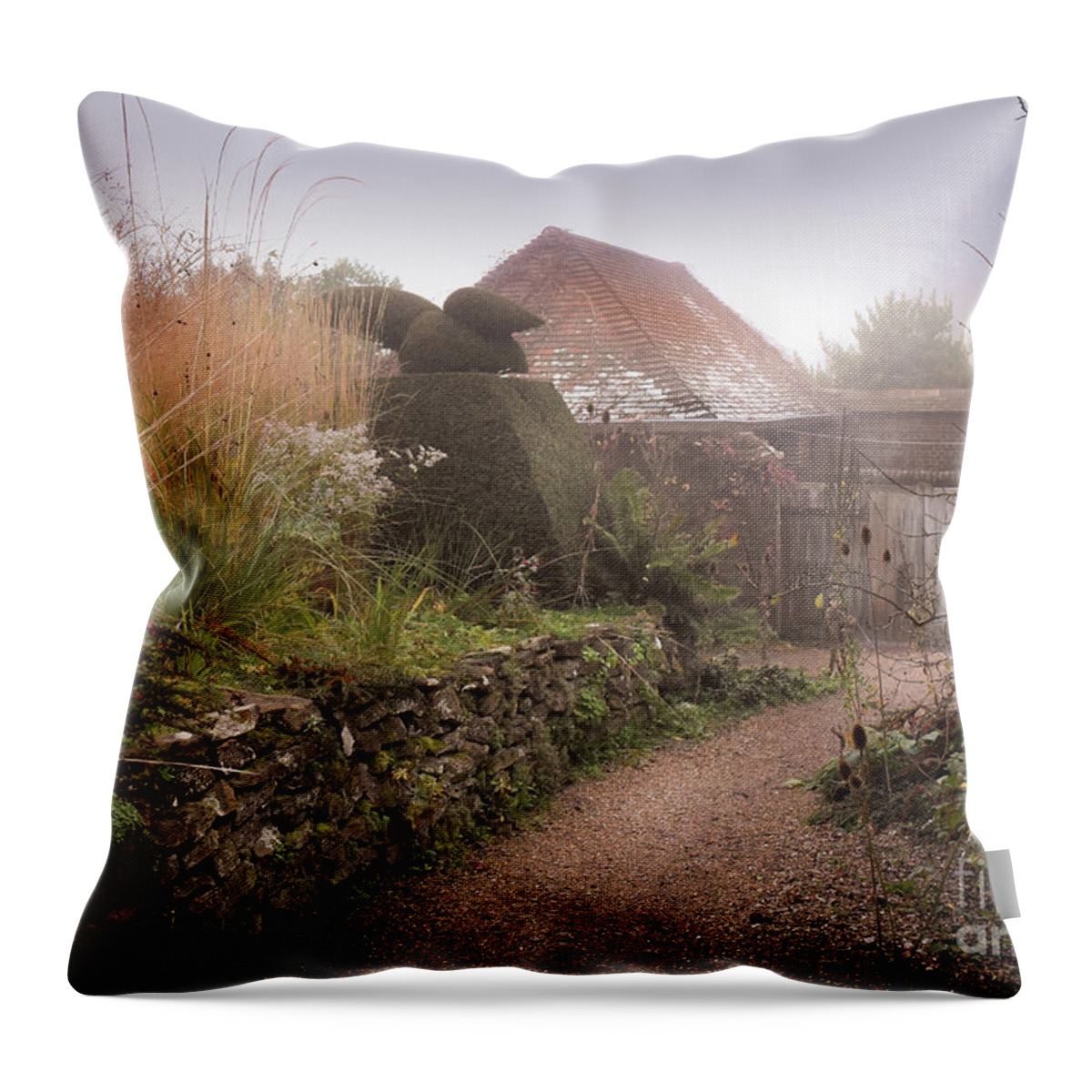 Topiary Throw Pillow featuring the photograph Topiary Peacocks in the Autumn Mist, Great Dixter 3 by Perry Rodriguez