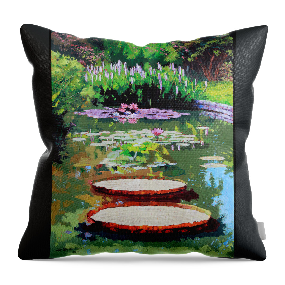 Garden Pond Throw Pillow featuring the painting Tower Grove Park by John Lautermilch