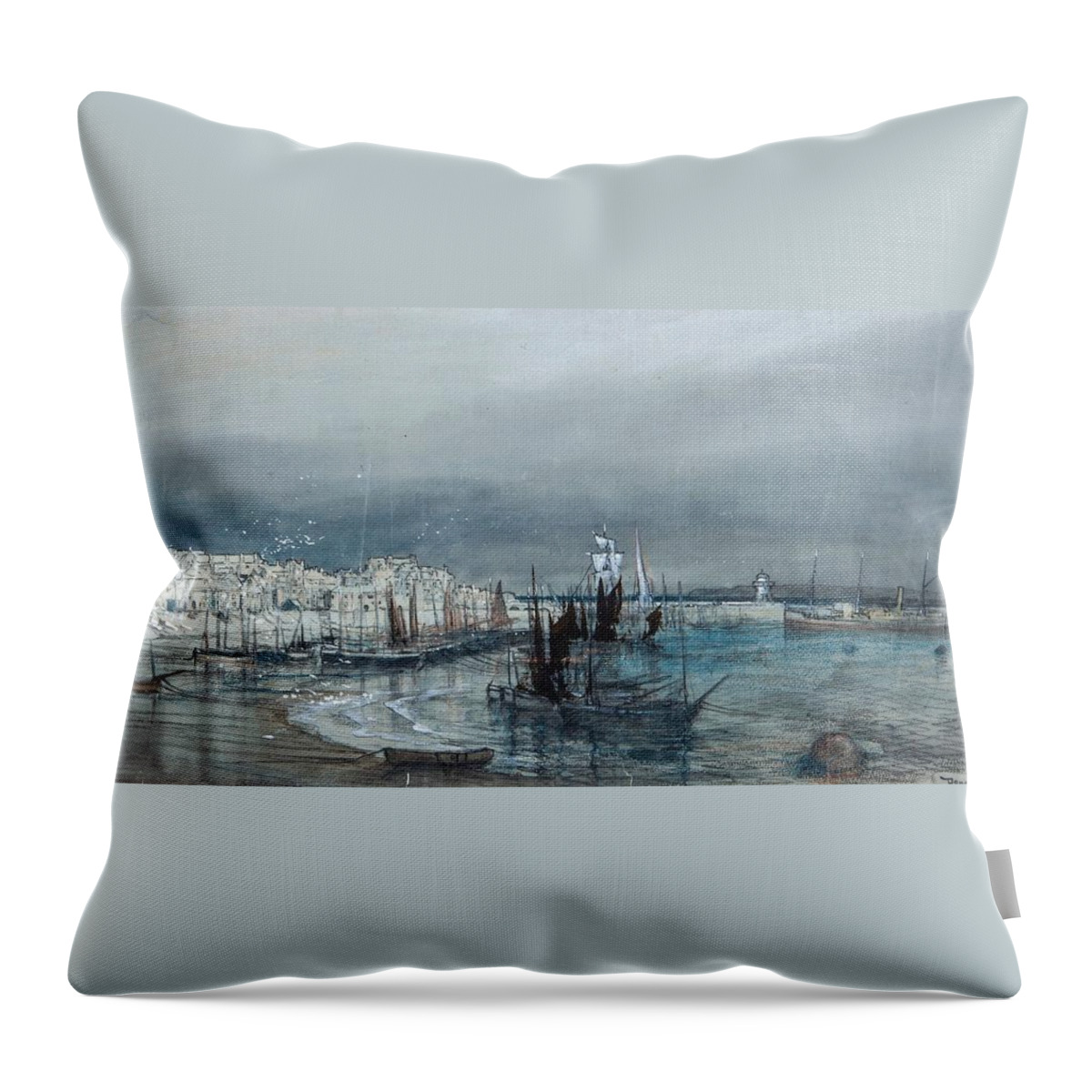 Donald Maxwell () - Coastal View Of A Harbour Throw Pillow featuring the painting Town And Lighthouses Beyond by Donald Maxwell