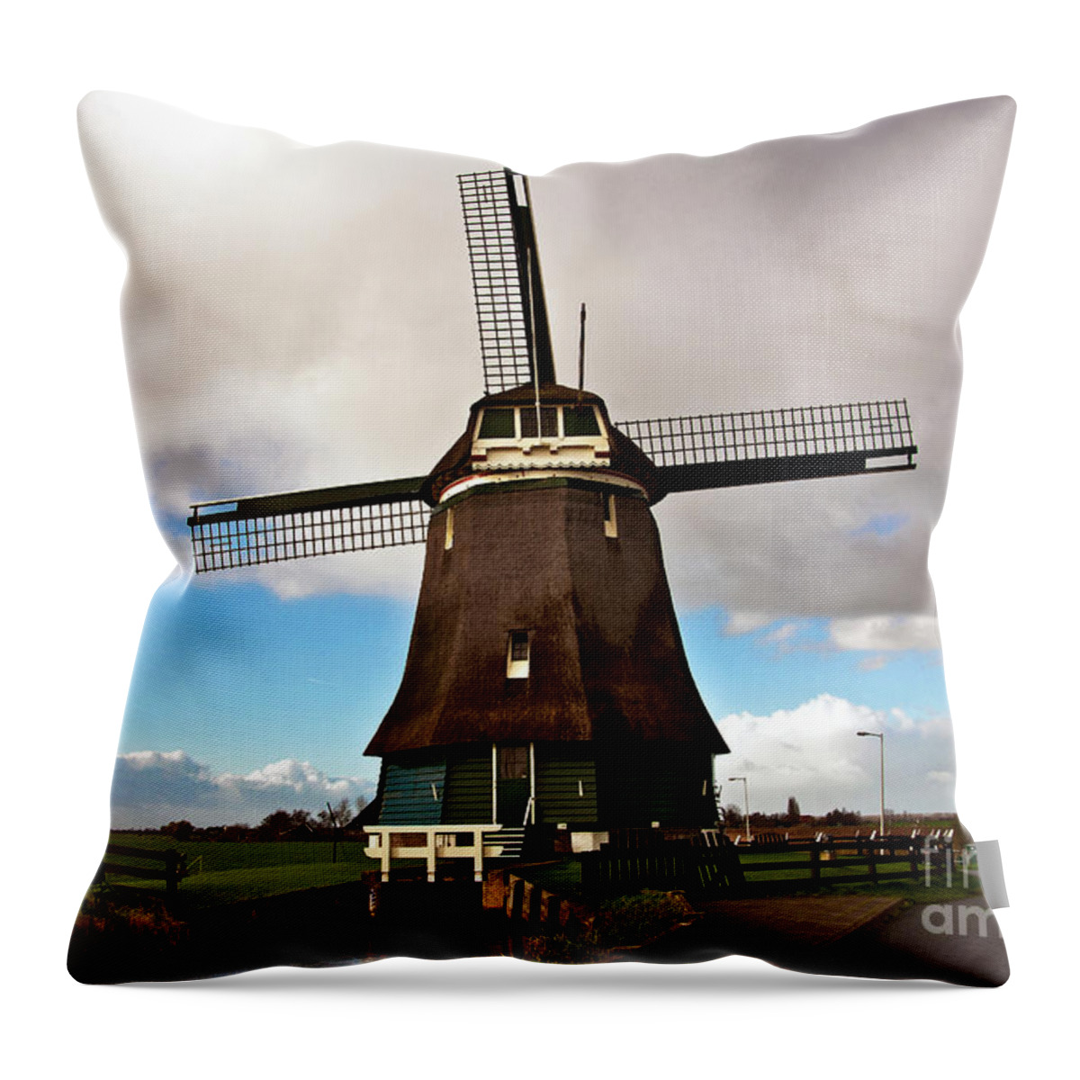 Traditional Dutch Windmill Throw Pillow featuring the photograph Traditional Dutch Windmill near Volendam by Silva Wischeropp