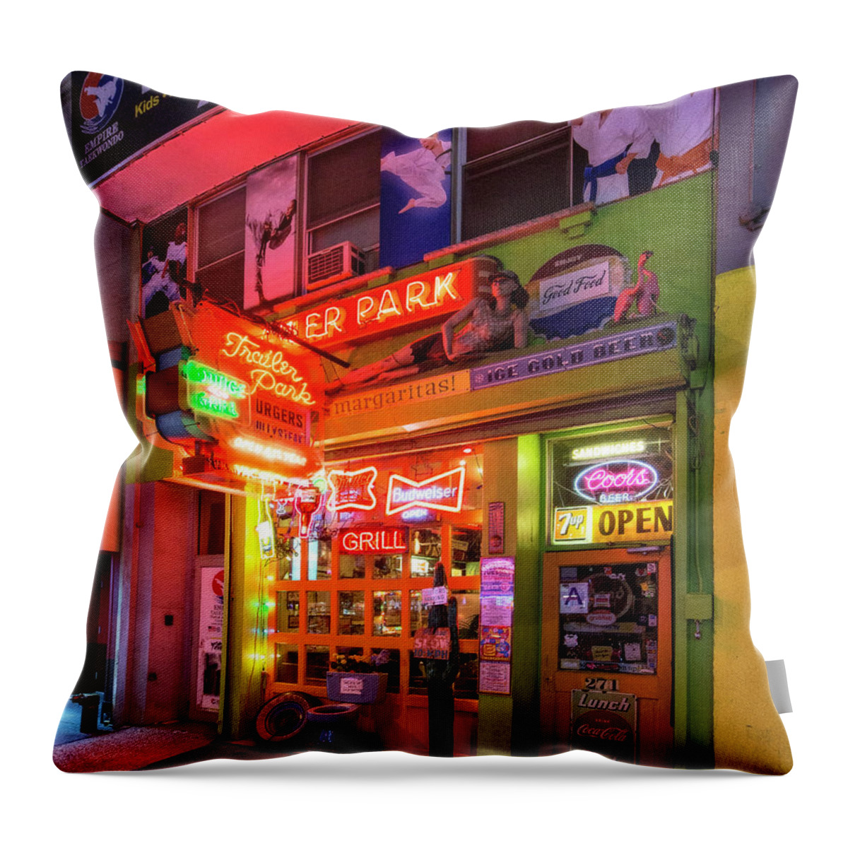 Restaurant Throw Pillow featuring the photograph Trailer Park Night by Alan Raasch