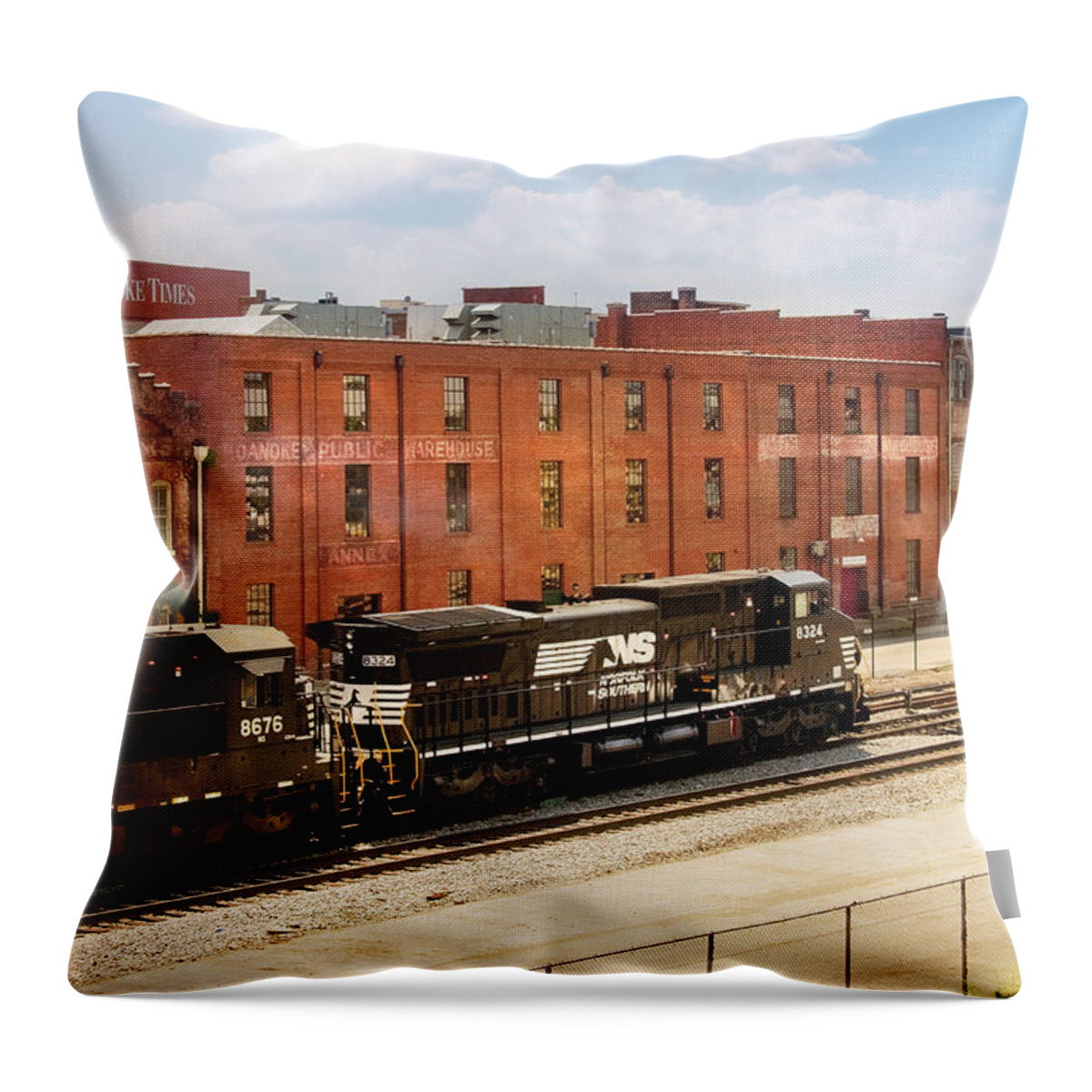Roanoke Virginia Throw Pillow featuring the photograph Train - Engine - Now Arriving in Roanoke Virginia by Mike Savad