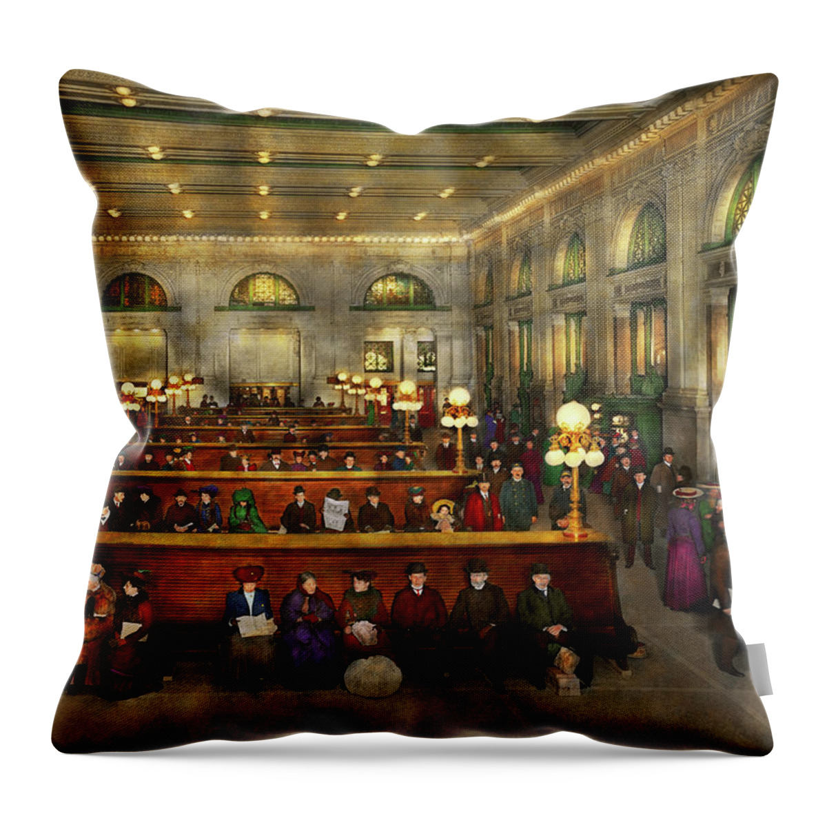 Self Throw Pillow featuring the photograph Train Station - Waiting in Grand Central Station 1902 by Mike Savad