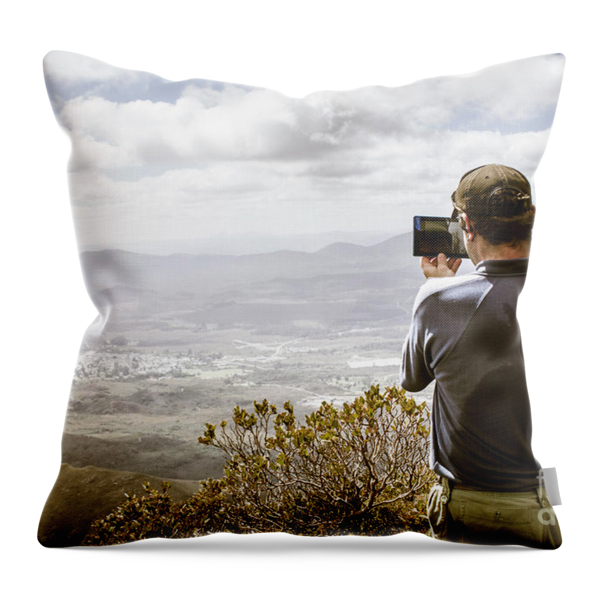 Technology Throw Pillow featuring the photograph Travel and technology man by Jorgo Photography