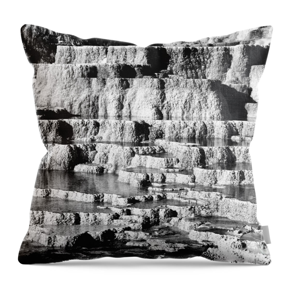 Yellowstone Throw Pillow featuring the photograph Travertine Hot Spring Terraces Mammoth Hot Springs Yellowstone NP Wyoming Black and White by Shawn O'Brien