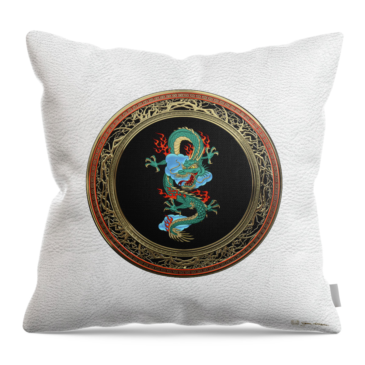 'treasure Trove' Collection By Serge Averbukh Throw Pillow featuring the digital art Treasure Trove - Turquoise Dragon over White Leather by Serge Averbukh