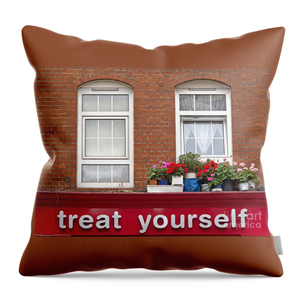 Sign Throw Pillow featuring the photograph treat yourself London UK by Ann Horn