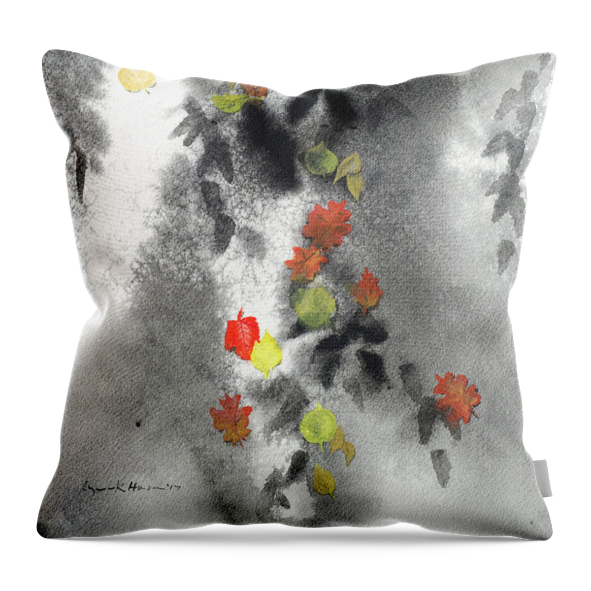 Watercolor Throw Pillow featuring the painting Tree Shadows and Fall Leaves by Lynn Hansen