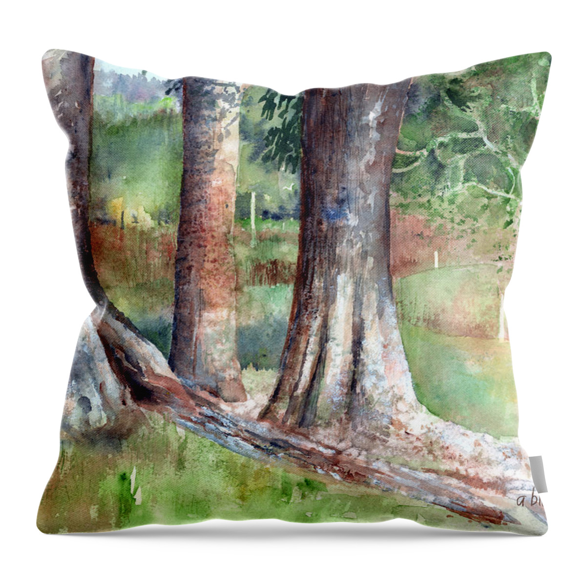 Tree Throw Pillow featuring the painting Tree Trunks by Arline Wagner