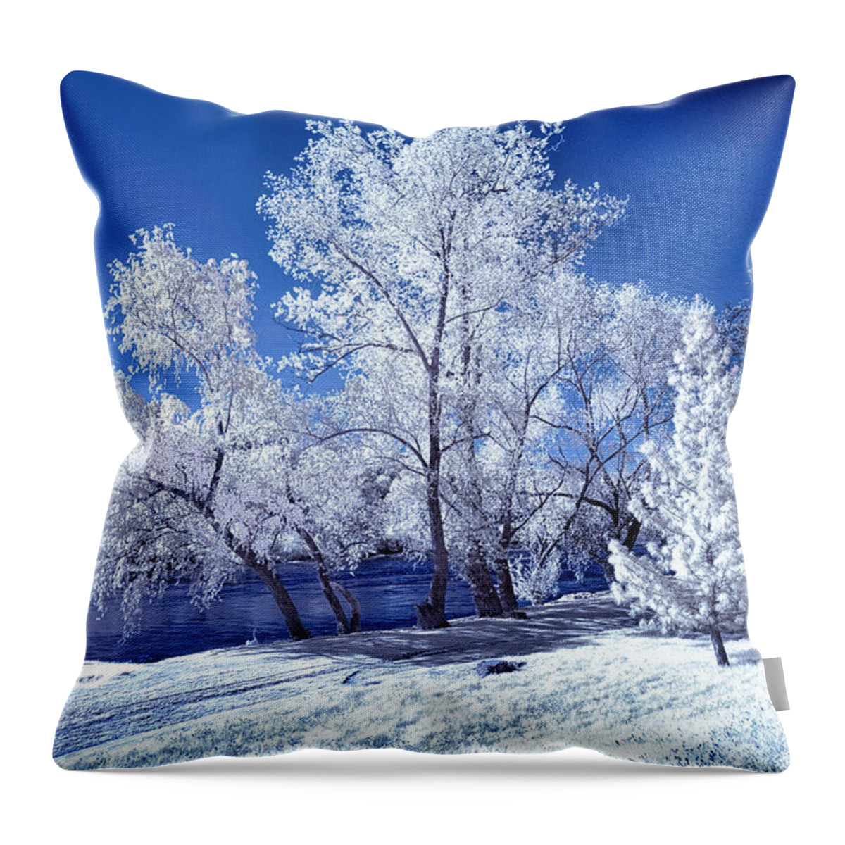 Infrared Photography Throw Pillow featuring the photograph Trees Along the Krka by Norman Gabitzsch