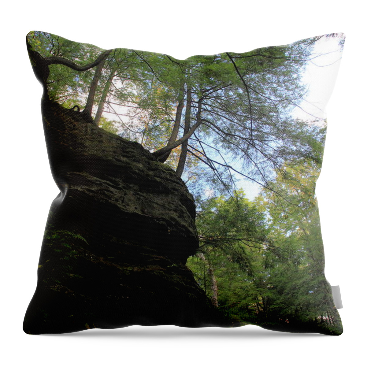 Old Man's Cave Throw Pillow featuring the photograph Trees Hanging Over Cliff by Angela Murdock