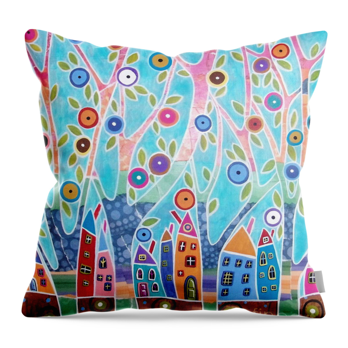 Landscape Throw Pillow featuring the painting Trees Houses Landscape by Karla Gerard