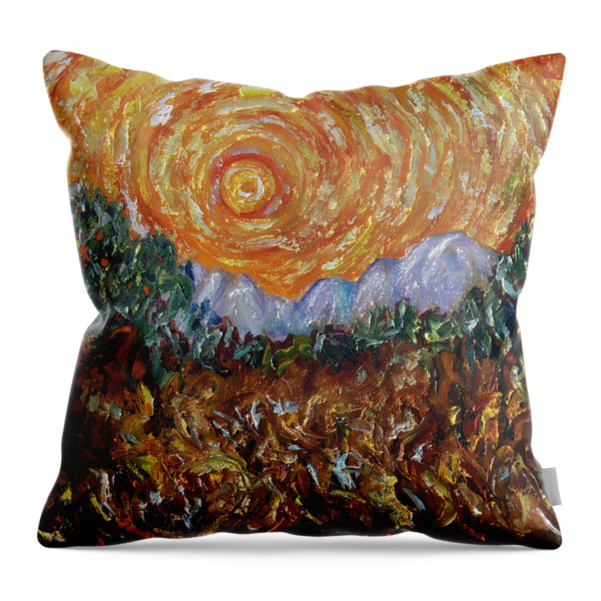 Trees Throw Pillow featuring the painting Trees, Yellow Sky and Sun Inspired by Vincent Van Gogh's Paintin by OLena Art by Lena Owens - Vibrant DESIGN