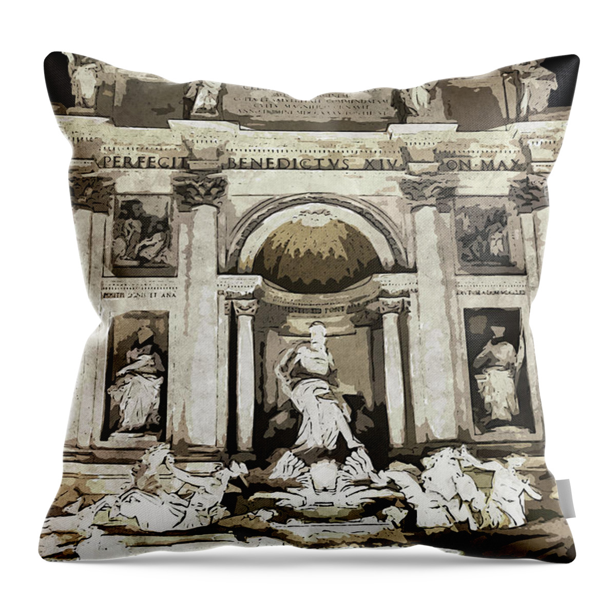 Rome Italy Throw Pillow featuring the painting Trevi Fountain - 02 by AM FineArtPrints