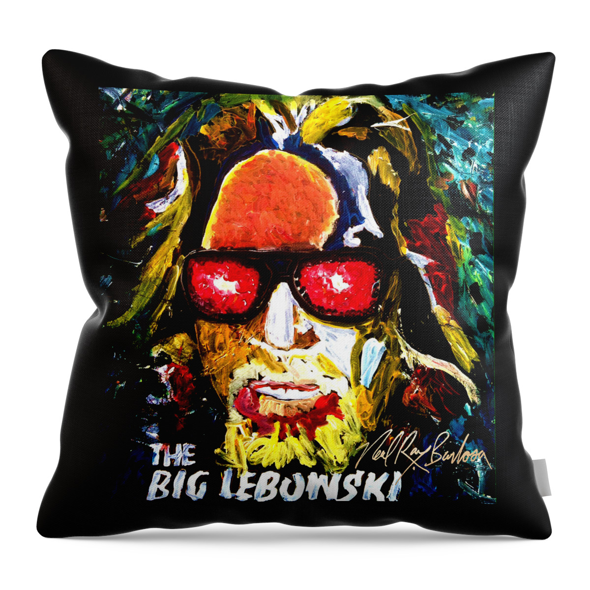 The Big Lebowski Throw Pillow featuring the painting tribute to THE BIG LEBOWSKI by Neal Barbosa