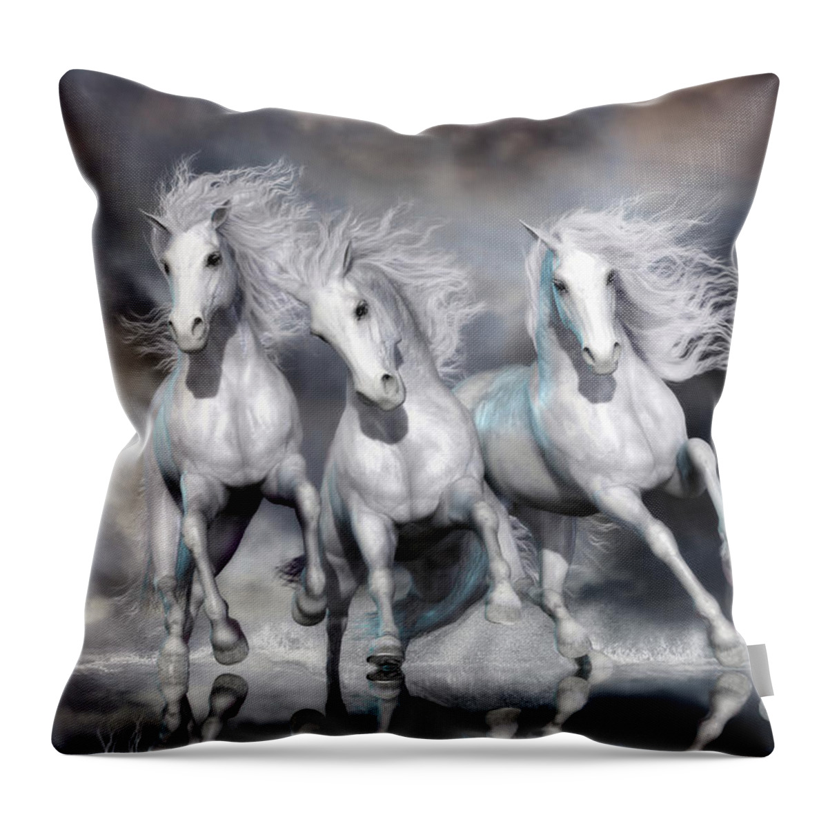 Galloping Horses Throw Pillow featuring the digital art Trinity Galloping Horses Blue by Shanina Conway