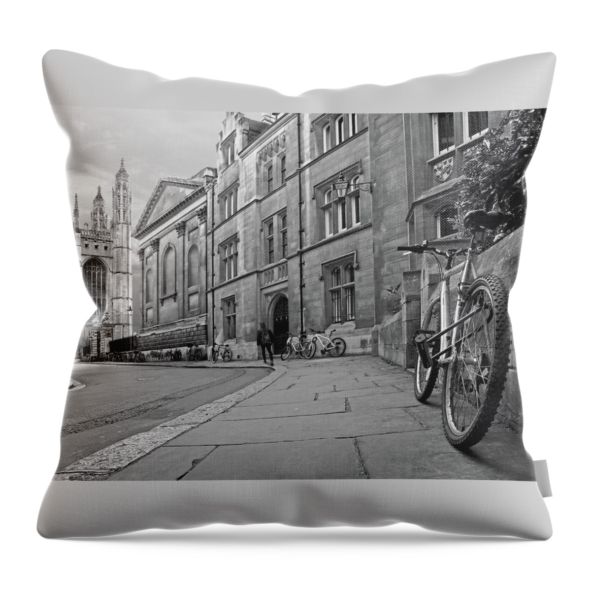Cambridge Throw Pillow featuring the photograph Trinity Lane Clare College Great Hall in Black and White by Gill Billington