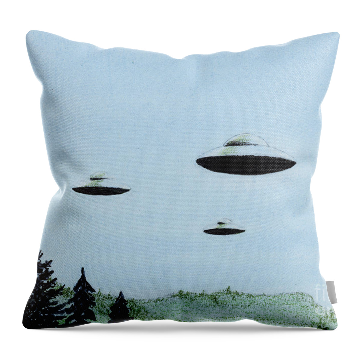 Ufos Throw Pillow featuring the mixed media UFO Trio by Jackie Irwin