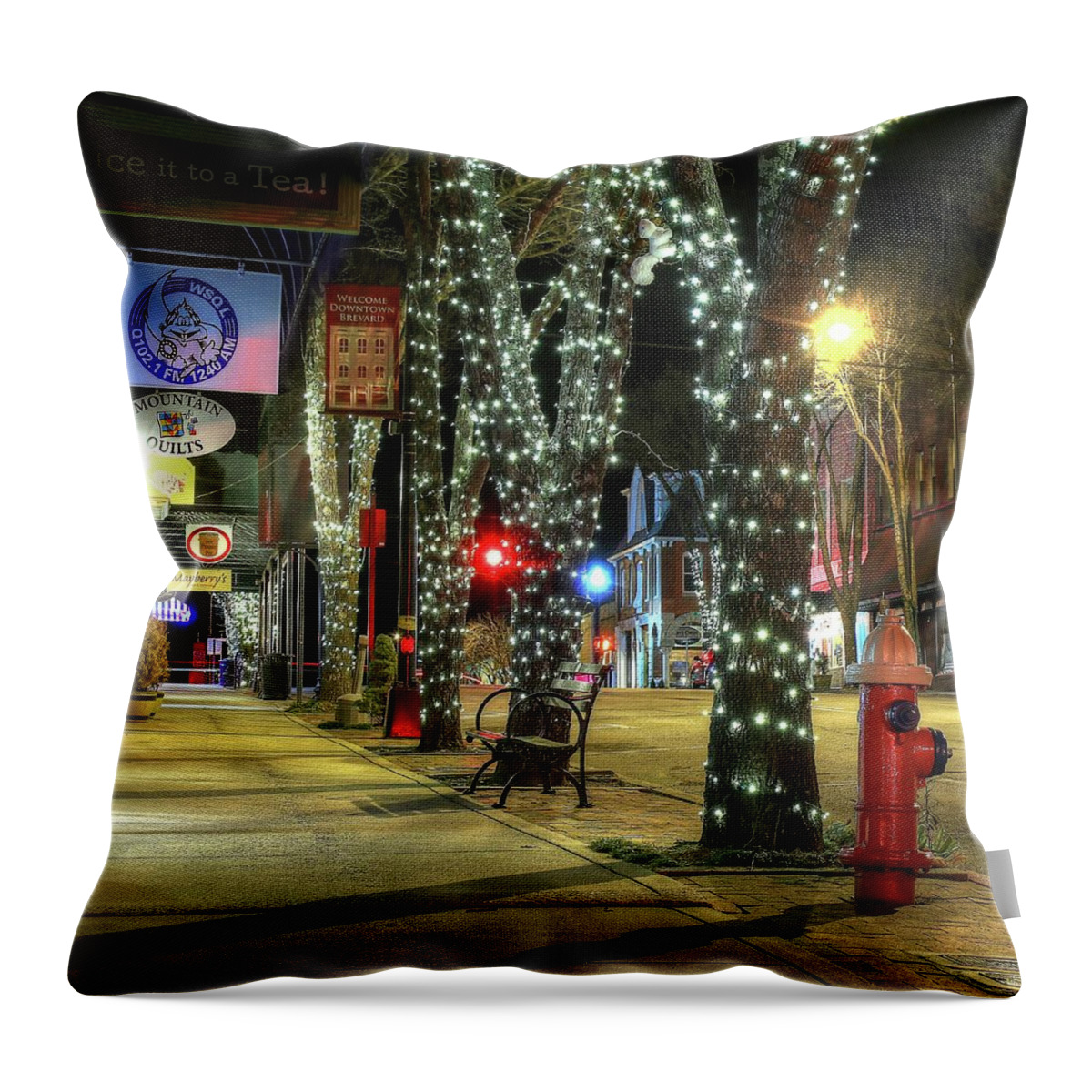 Tripping The Light In Downtown Brevard North Carolina Throw Pillow featuring the photograph Tripping The Light In Downtown Brevard North Carolina by Carol Montoya
