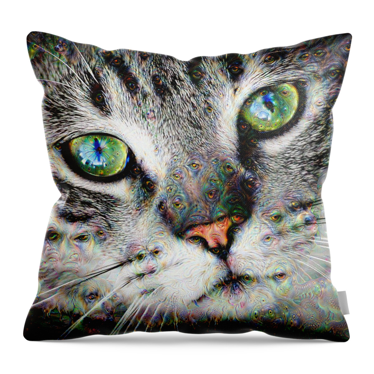 Cat Throw Pillow featuring the digital art Trippy deep dream cat portrait by Matthias Hauser