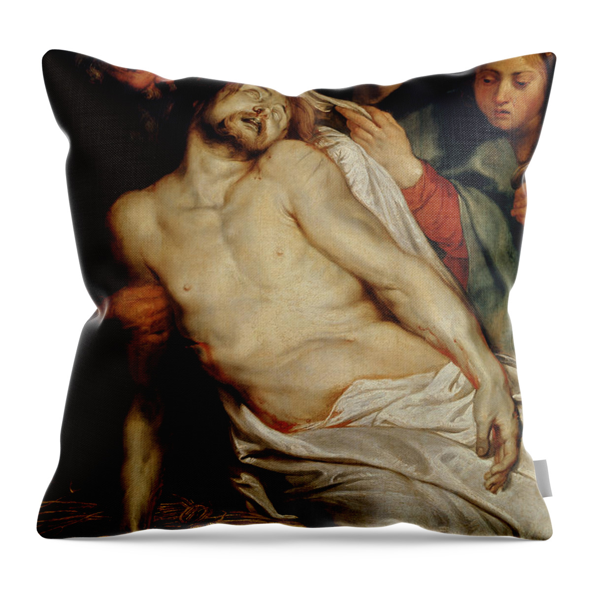 Triptych Of Christ On The Straw Throw Pillow featuring the painting Triptych of Christ on the Straw by Rubens