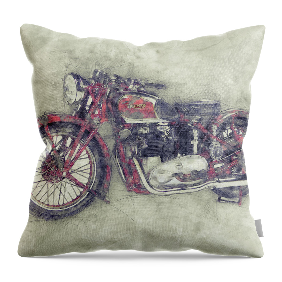 Triumph Speed Twin Throw Pillow featuring the mixed media Triumph Speed Twin 1 - 1937 - Vintage Motorcycle Poster - Automotive Art by Studio Grafiikka