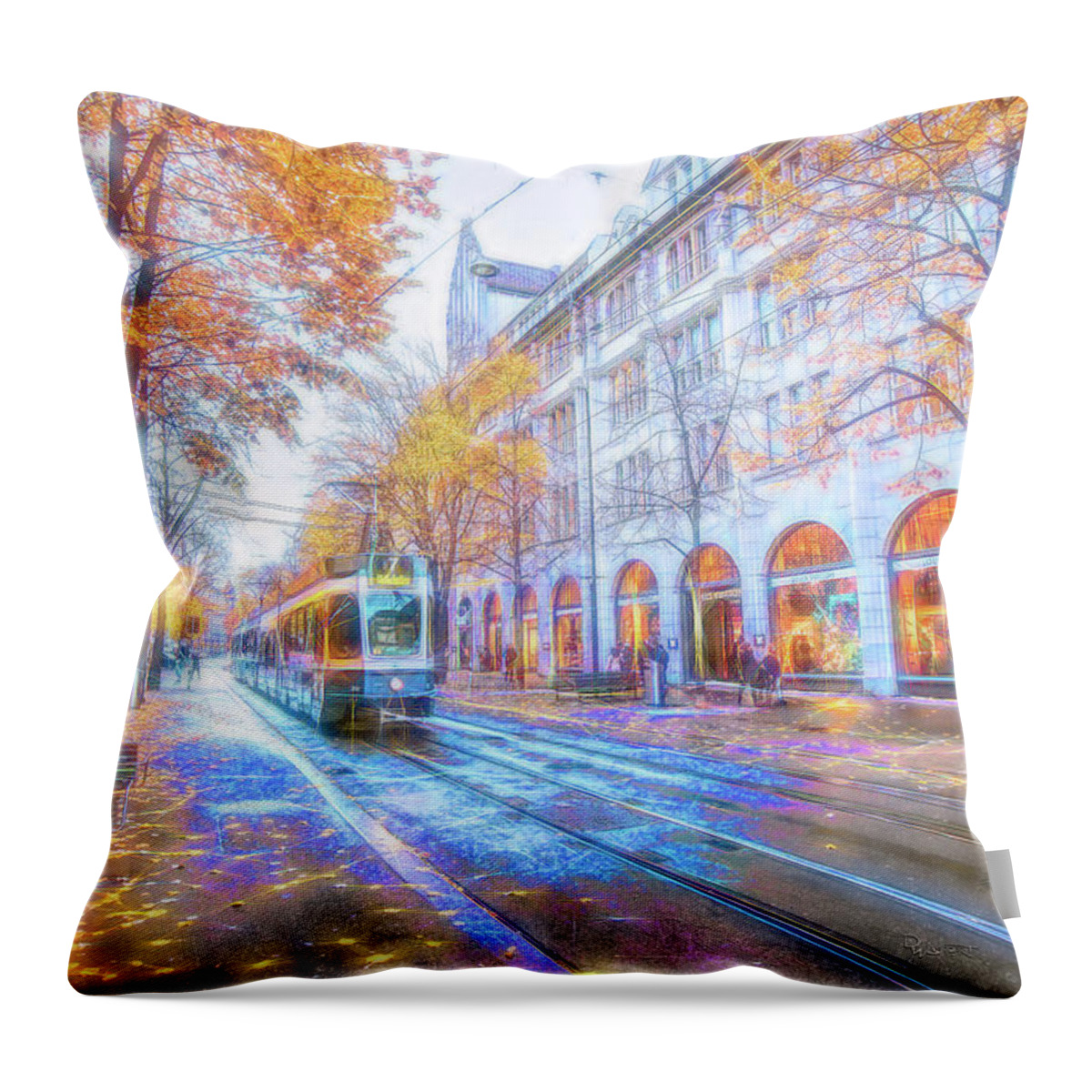 Trolley Throw Pillow featuring the digital art Trolley Street Scene by David Luebbert