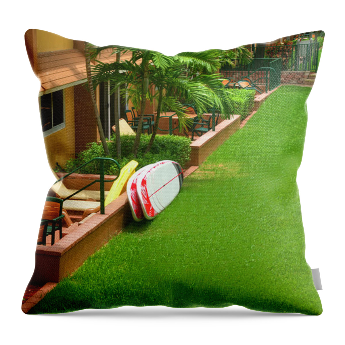 Lush Throw Pillow featuring the photograph Tropical Courtyard by Ules Barnwell