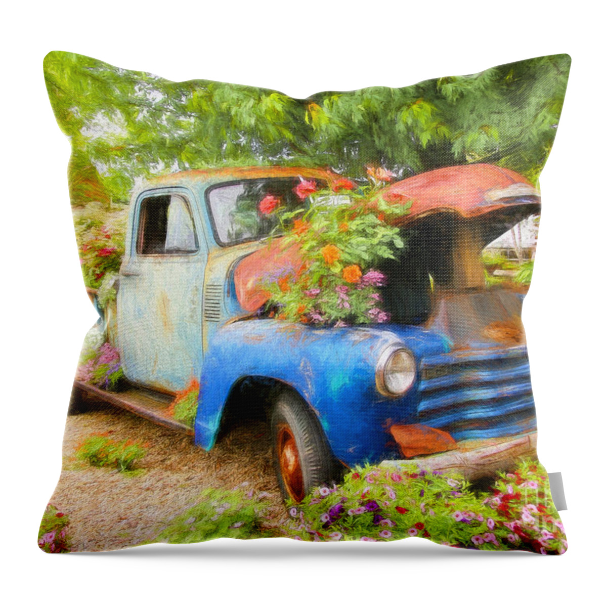 Flowers In Truck Throw Pillow featuring the photograph Truckful of Flowers by Clare VanderVeen