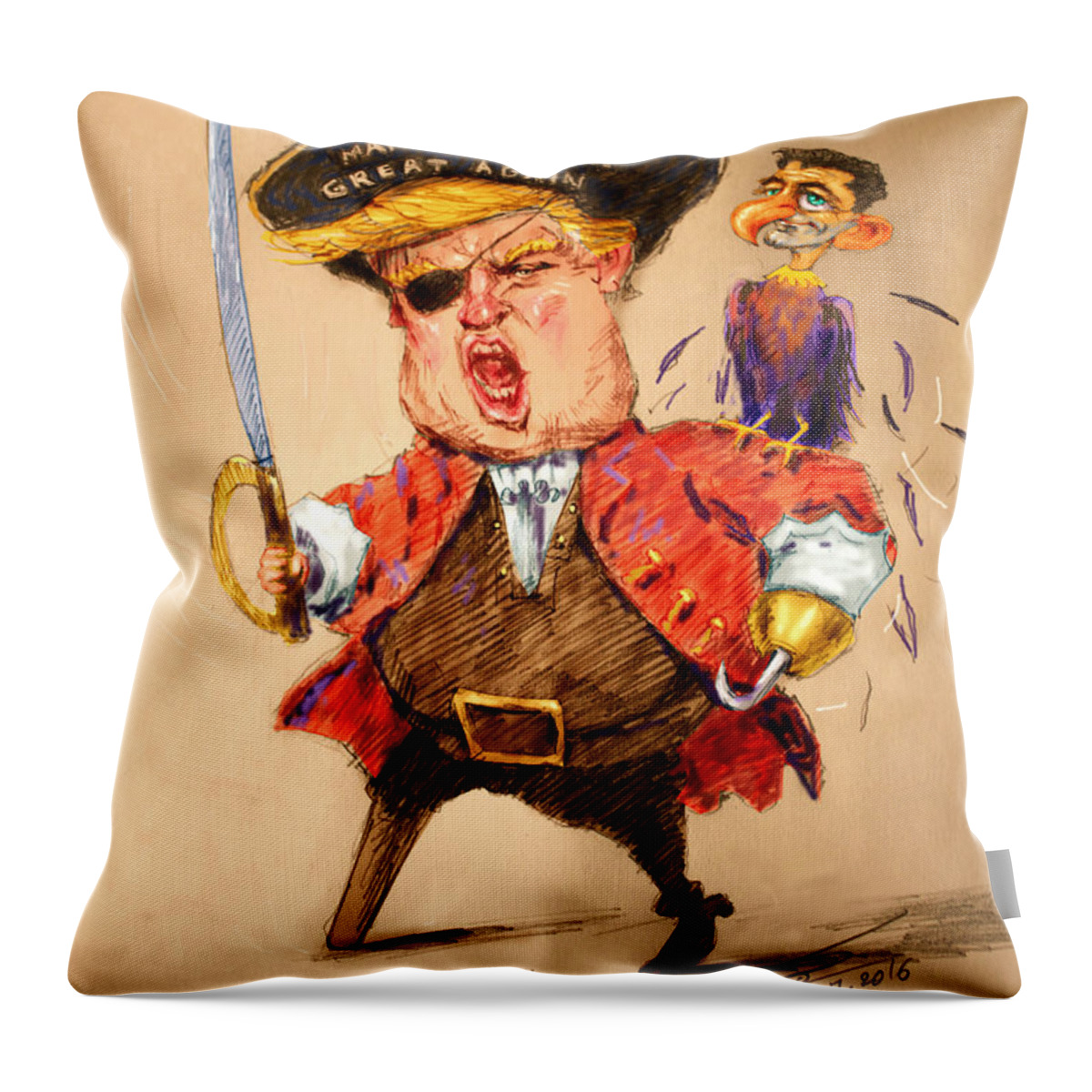 Donald Trump Throw Pillow featuring the painting Trump, the short fingers Pirate with Ryan, the Bird by Ylli Haruni