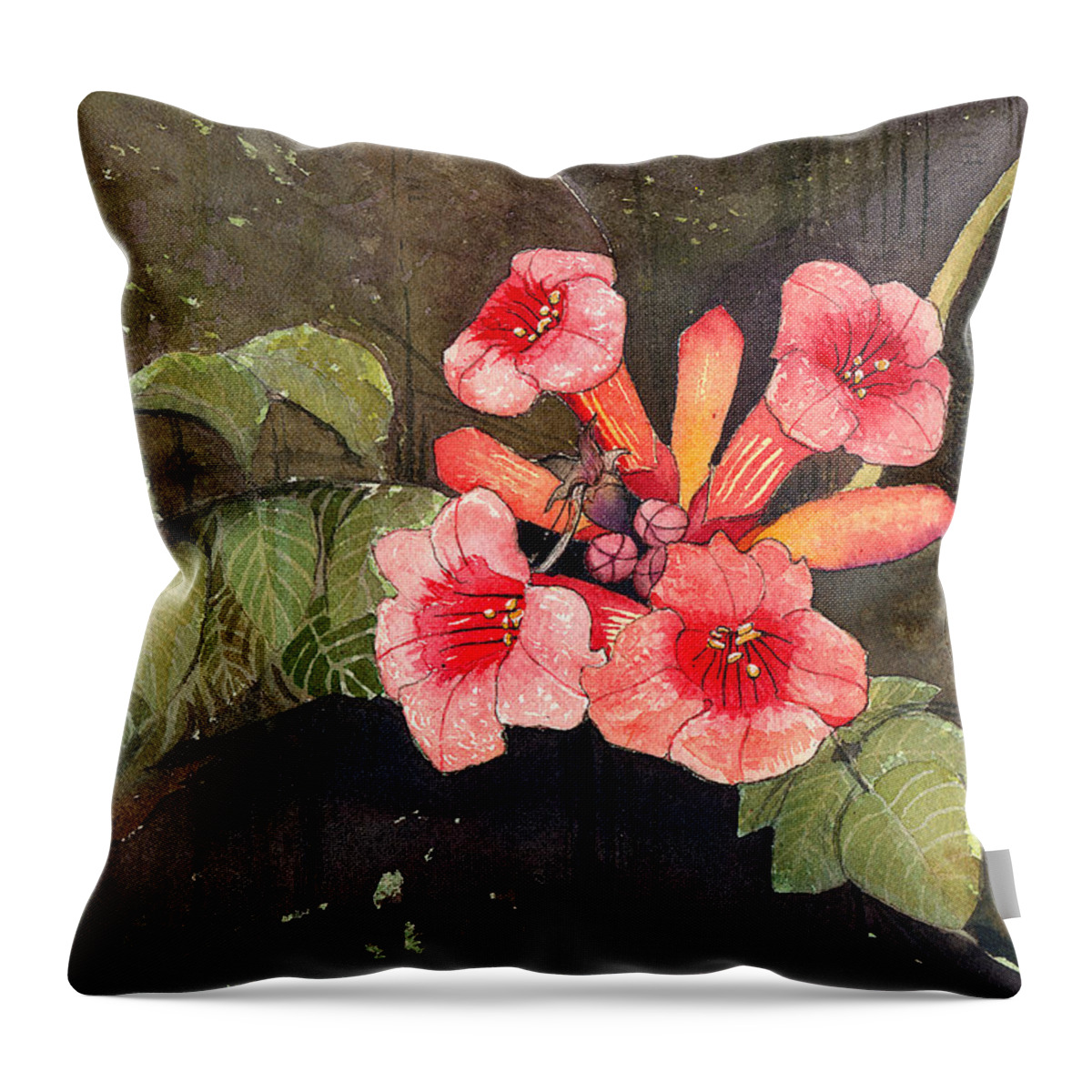 Trumpet Vine Throw Pillow featuring the painting Trumpet Vine II by Katherine Miller