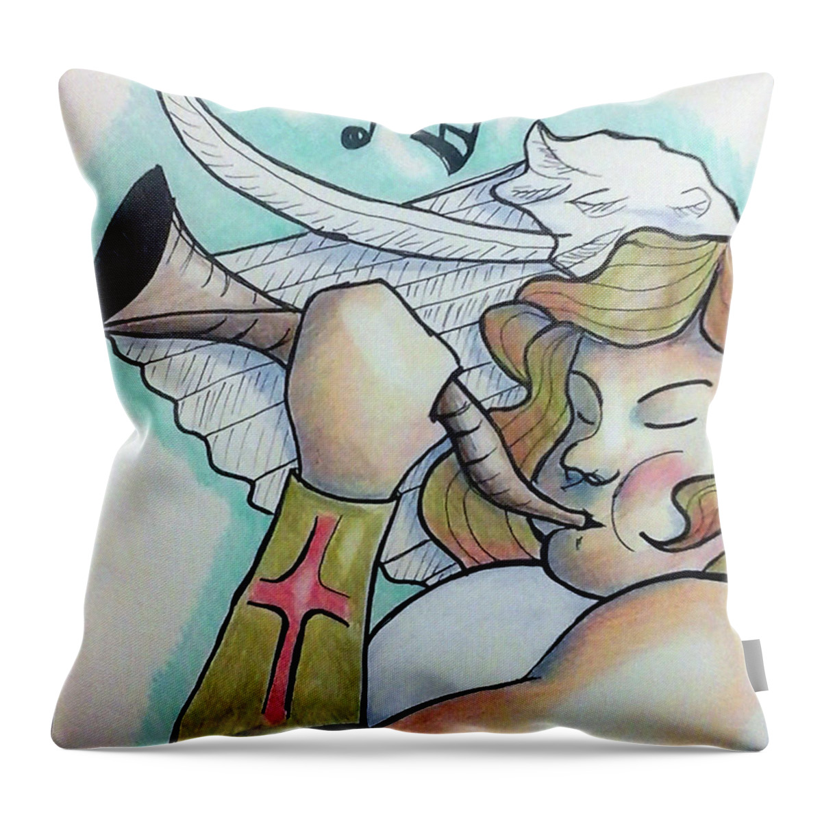Angel Throw Pillow featuring the drawing Trumpeter by Loretta Nash