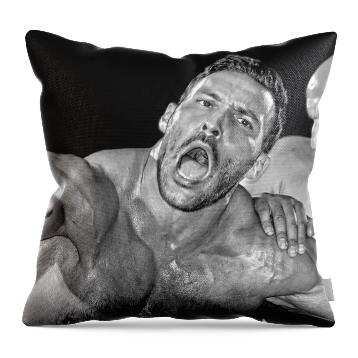 The Arm Lock Throw Pillow featuring the photograph Trying to Escape the Arm Lock black and white version by Jim Fitzpatrick
