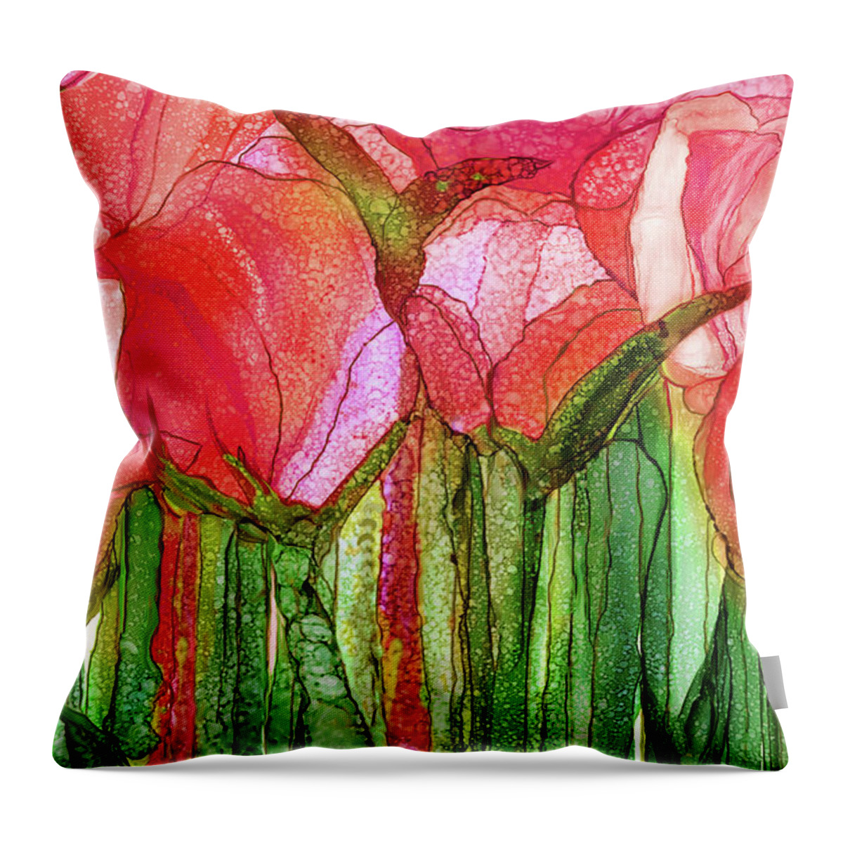 Carol Cavalaris Throw Pillow featuring the mixed media Tulip Bloomies 3 - Red by Carol Cavalaris