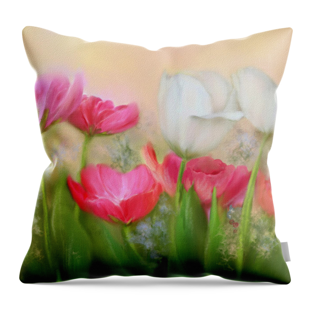 Tulips Throw Pillow featuring the painting Tulip Garden by Bonnie Willis