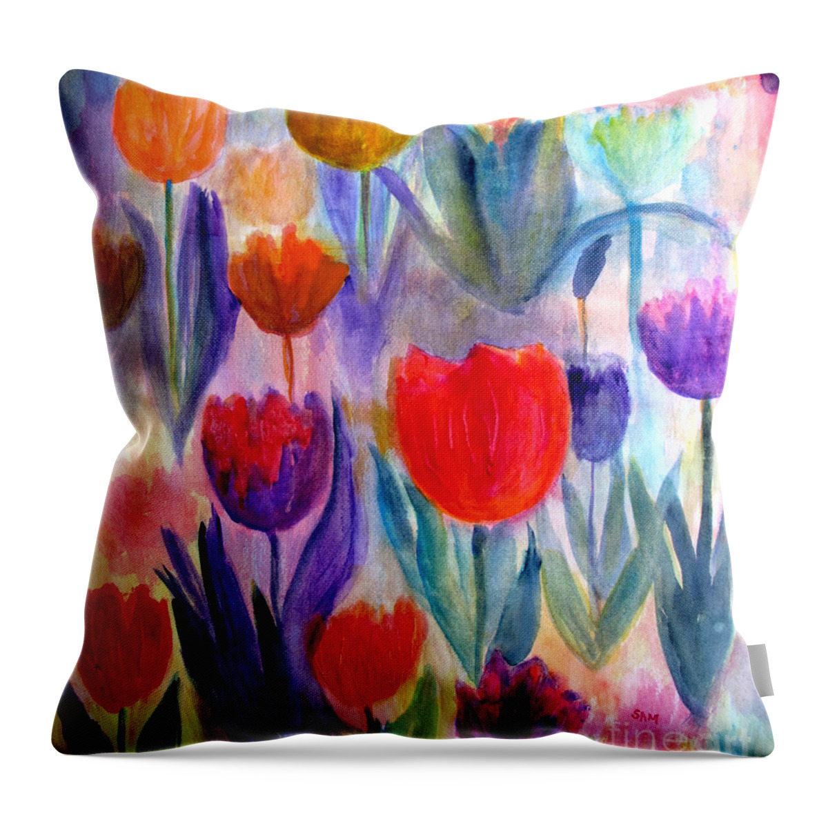 Tulip Throw Pillow featuring the painting Tulip Garden by Sandy McIntire