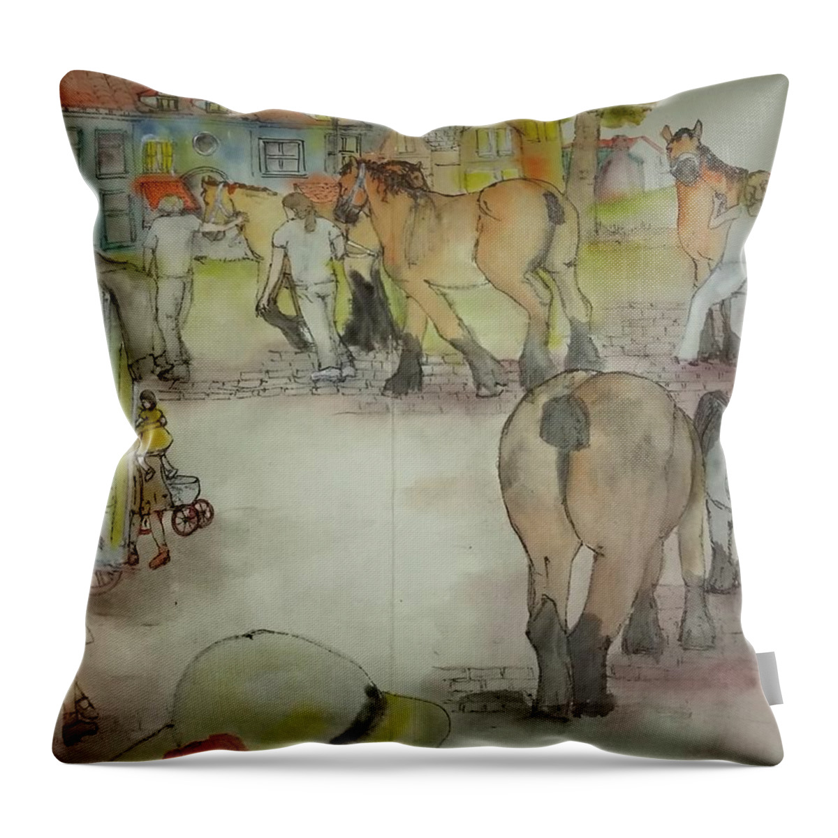 The Netherlands. Cityscape. Equine. Figures . Horse Auction. Livestock. Children Throw Pillow featuring the painting Tulips clogs and windmills albumthe Netherlands. Cityscape, annual by Debbi Saccomanno Chan