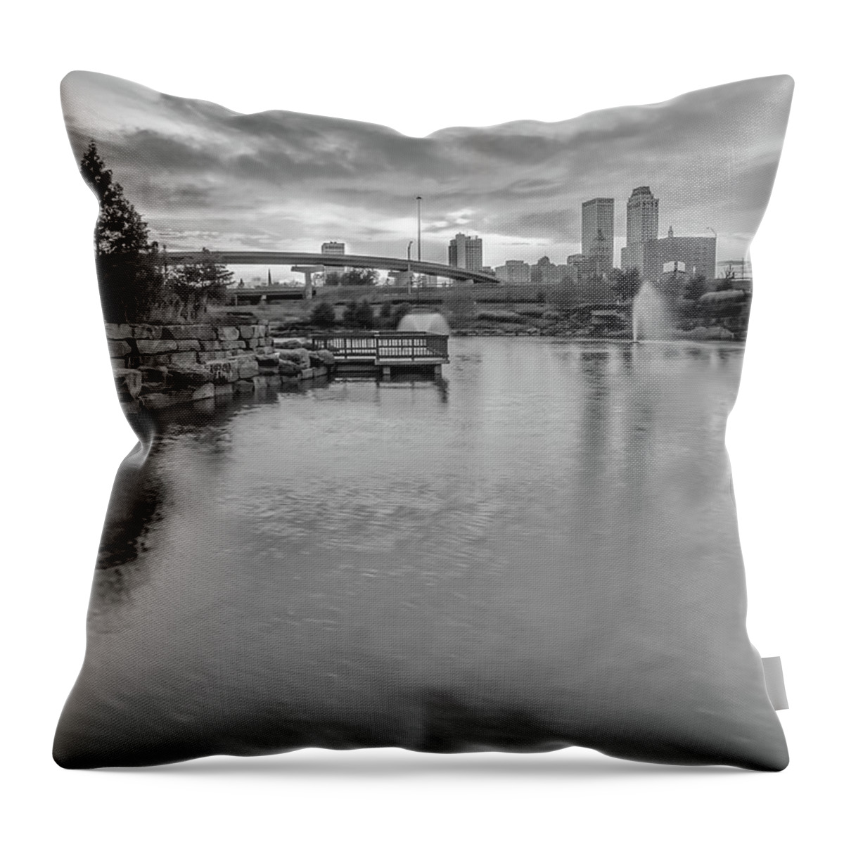Tulsa Skyline Throw Pillow featuring the photograph Tulsa Oklahoma Cityscape Skyline - Black and White by Gregory Ballos