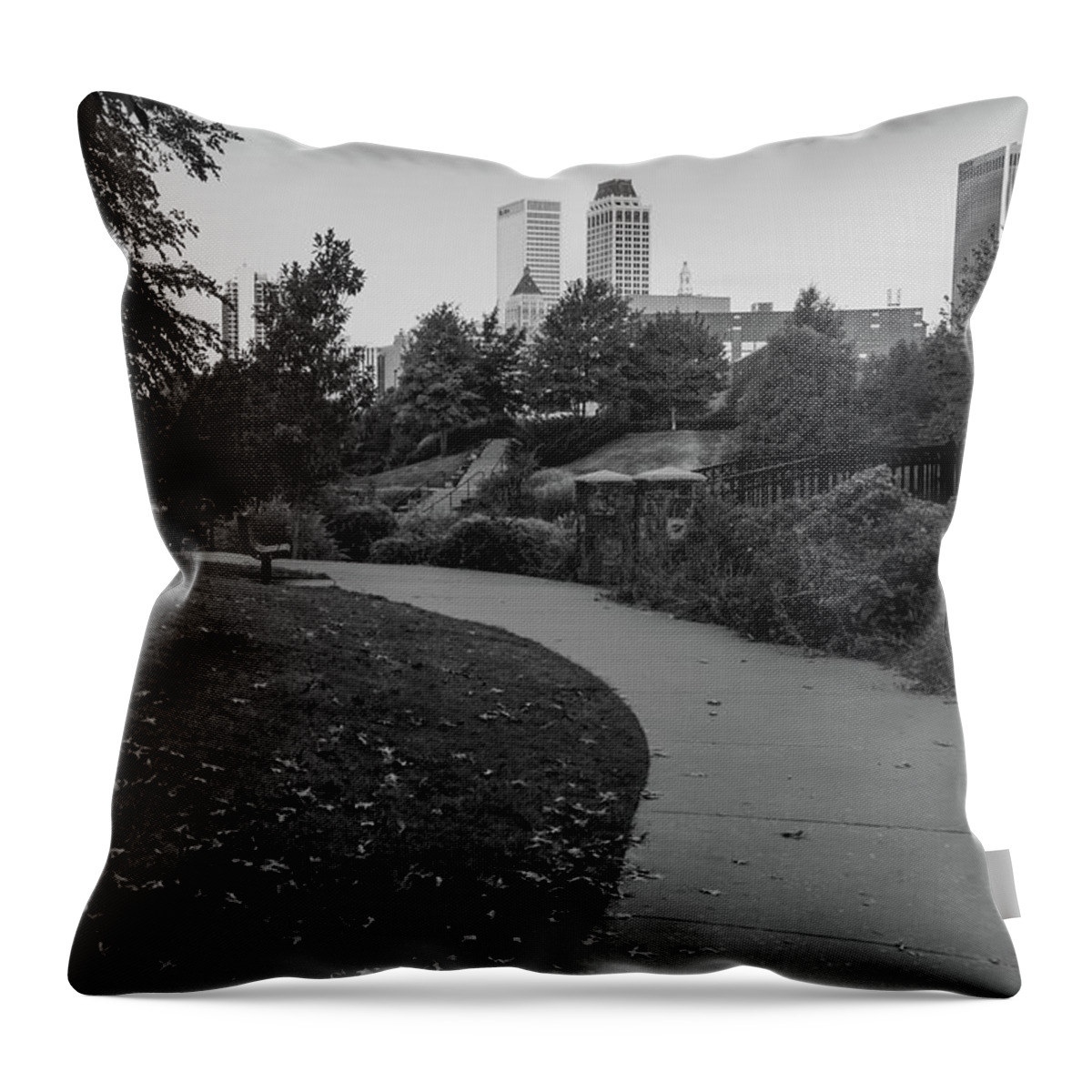 Tulsa Black And White Skyline Throw Pillow featuring the photograph Tulsa Skyline Along The Way - Black and White by Gregory Ballos