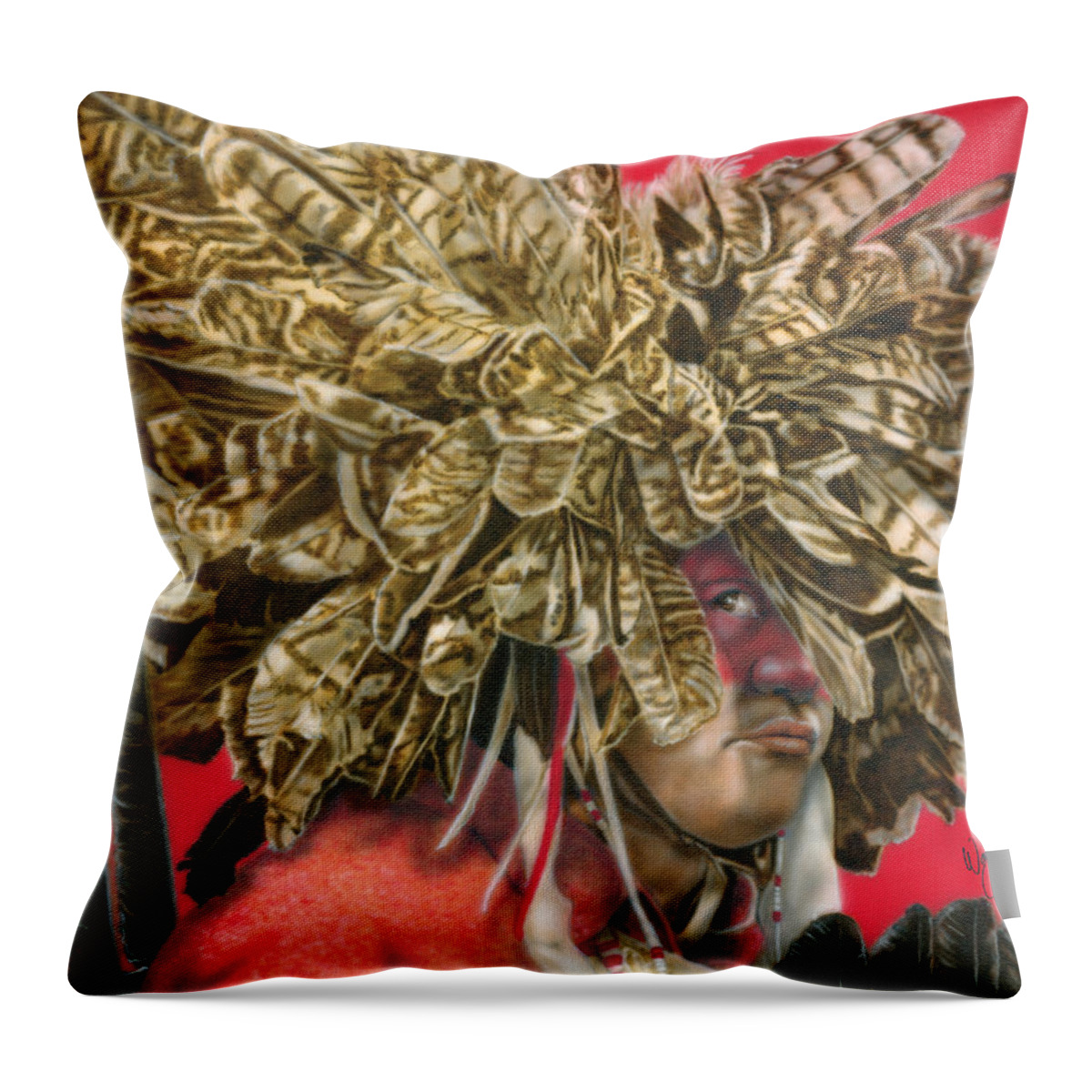  Throw Pillow featuring the painting Turkey Feather Headress by Wayne Pruse