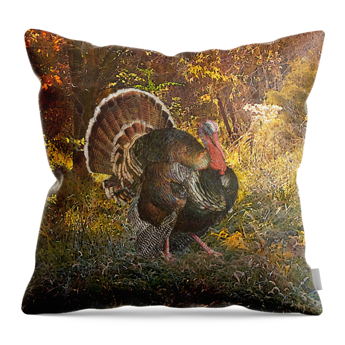 Turkey Throw Pillow featuring the painting Turkey in the woods by John Dyess