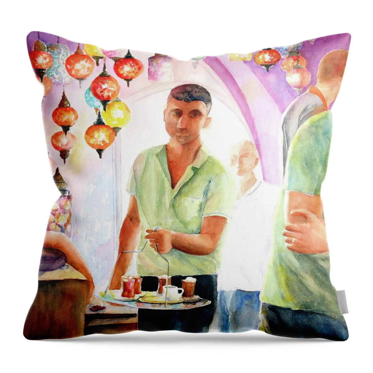 Istanbul Throw Pillow featuring the painting Turkish Tea at Istanbul Grand Bazaar by Carlin Blahnik CarlinArtWatercolor