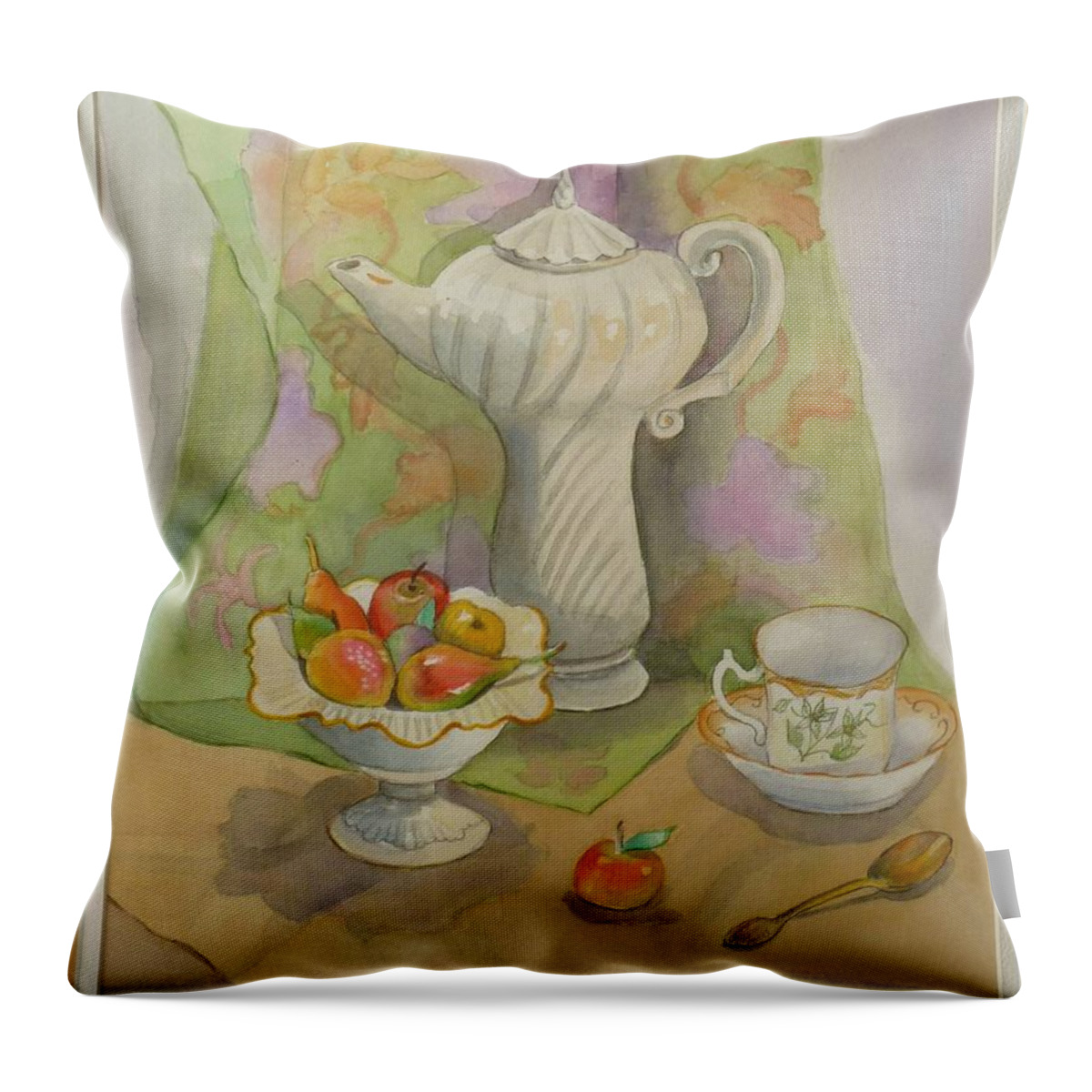 White Turkish Teapot. Marzipan Fruit Candies Throw Pillow featuring the painting Turkish Teapot With Martizpan by Madeline Lovallo