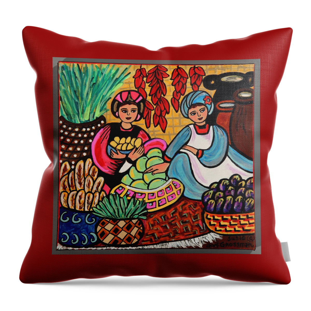 Red Peppers Throw Pillow featuring the painting Turkish Vendor Girls by Susie Grossman